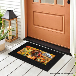 Black Wild Turkey and Pumpkins Mini Mat with colorful Thanksgiving-themed design on front porch floor.