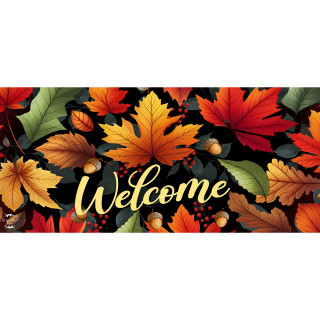 Autumn Color Leaves Mini Mat with Welcome text, colorful fall leaves on black background design.