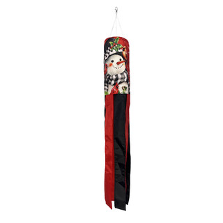 Snowman With Cardinals Wind Spinner, red and black, featuring a snowman with cardinals hanging ornament.