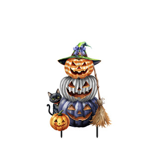 Halloween Pumpkin Stack Metal Art with witch hat, broom, and black cat, orange and purple pumpkins.