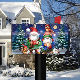 Warm Wishes Gnomes Mailbox Cover with festive gnomes, snowflakes, and trees on a snowy scene.