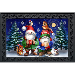 Warm Wishes Gnomes Doormat with festive gnomes, snowy scene, and decorative border.
