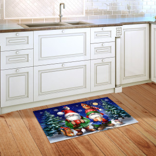 Warm Wishes Gnomes Doormat with festive gnomes and Christmas trees on a kitchen floor.