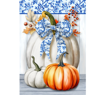 Blue and white pumpkins garden flag with orange pumpkin and blue floral bow design elements.