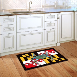 Maryland Crab Doormat with colorful crab design on black, yellow, red and white background indoors.