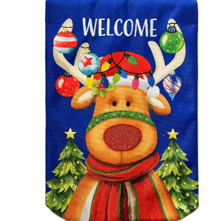 Rudolf Burlap Garden Flag, Christmas reindeer decoration with ornaments and welcome text on blue background.