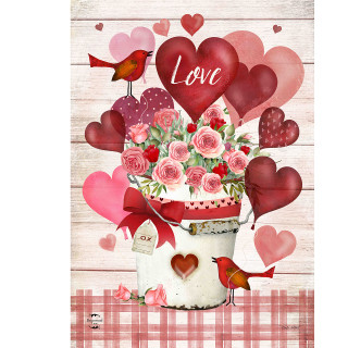 Love Bouquet Garden Flag with pink roses, red hearts, and birds on white background.