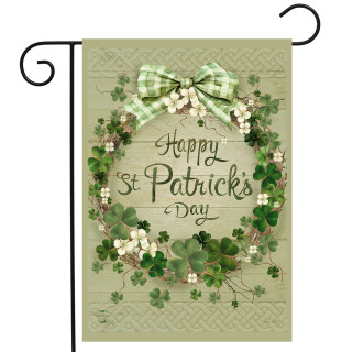 Lucky Wreath Garden Flag with green bow and shamrocks on sage background for St. Patrick's Day.