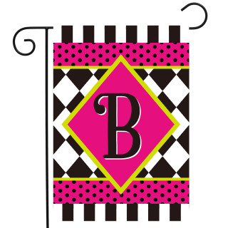 Neon Checkerboard Monogram Garden Flag with pink, black, and yellow design, featuring a large B.
