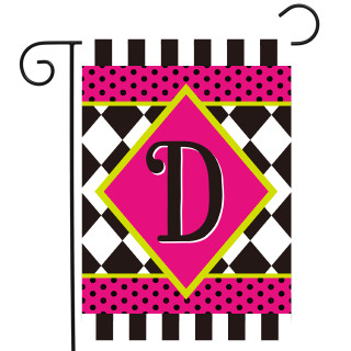 Neon checkerboard garden flag with pink, black, and green monogram 'D' on white background.