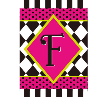 Monogrammed garden flag with neon pink, black, white, and green checkerboard and polka dot design.