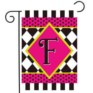 Neon Checkerboard Monogram garden flag with pink, black, white, and yellow design and letter F.