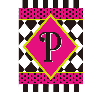 Neon Checkerboard Monogram Garden Flag with pink, black, white, and green colors, featuring letter P.