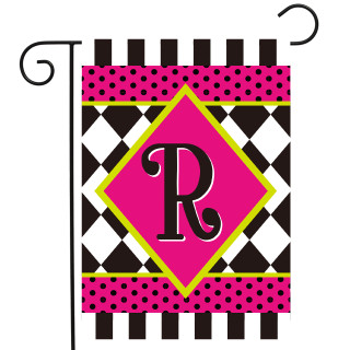Neon pink and black checkerboard garden flag with monogram R and yellow accents.