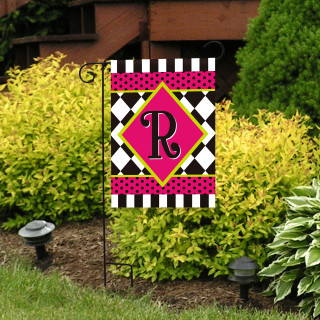 Neon checkerboard monogram garden flag with pink, black, white, and yellow design, featuring letter R.
