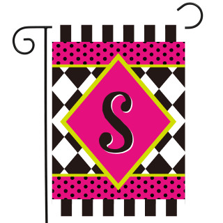 Neon checkerboard garden flag with pink, black, and green monogram S design on white background.