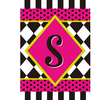 Neon checkerboard garden flag with pink, black, and green design, featuring a large letter S monogram.