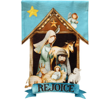 Rejoice Burlap House Flag with nativity scene and blue background with angel star.