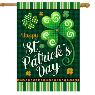 Green plaid house flag with Happy St. Patrick's Day text and shamrocks, orange accents.