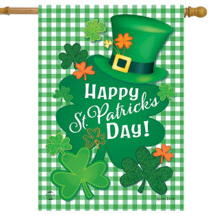 Green and white checkered Celebrate St. Patrick's Day House Flag with shamrocks and leprechaun hat.