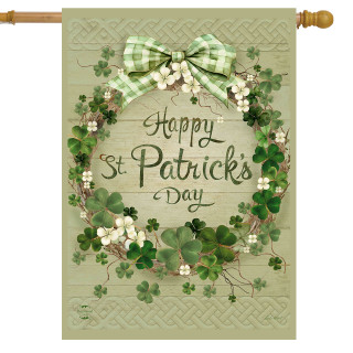 Lucky Wreath House Flag with green bow, shamrocks, and Happy St. Patrick's Day text.