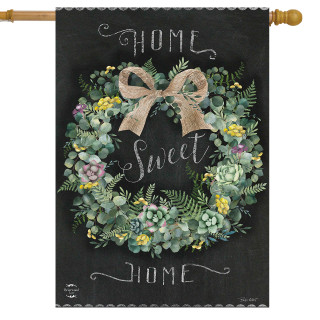 Home Sweet Home Wreath House Flag with floral wreath and burlap bow on black background.