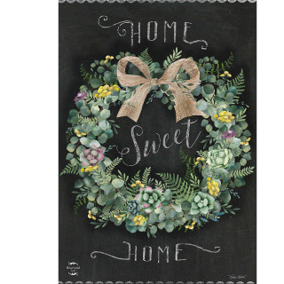 Home Sweet Home Wreath House Flag with floral wreath and burlap bow on black background.
