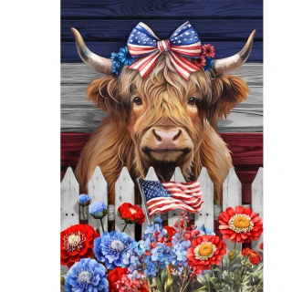 Patriotic Highland Cow House Flag with red, white, and blue flowers and American flag design.