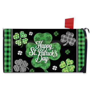 Scattered Shamrocks Large Oversized Mailbox Cover with Happy St. Patrick's Day shamrocks and green plaid.