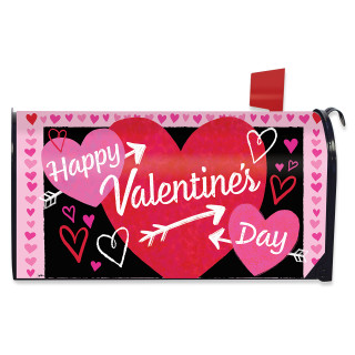 Cupid's Hearts Large Oversized Mailbox Cover with Happy Valentine's Day text and colorful heart designs.