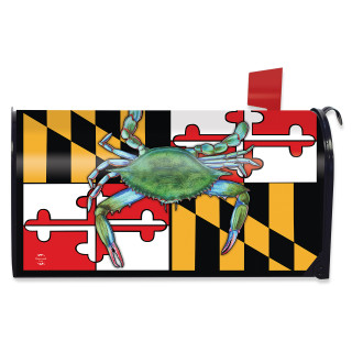 Maryland Crab Mailbox Cover with green crab and Maryland flag design on black, yellow, red, white background.