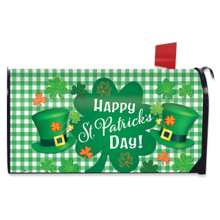 Green and white gingham St. Patrick's Day mailbox cover with shamrocks and hats.