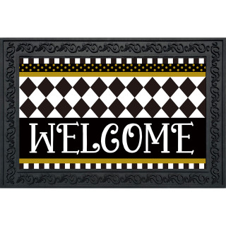 Black and white checkerboard doormat with Welcome text and yellow accents, decorative border.