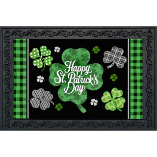 Scattered Shamrocks Doormat with green shamrocks, plaid borders, and Happy St. Patrick's Day text on black.