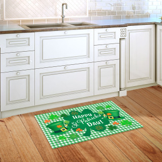 Green and white checkered St. Patrick's Day doormat with shamrocks and "Happy St. Patrick's Day" text.