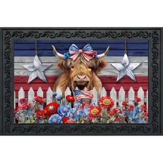 Patriotic Highland Cow Doormat with floral design and American flag theme in decorative frame.