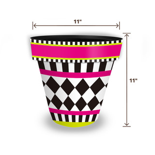 Neon Checkerboard Medium Planter, 11 inches tall and wide, black, white, pink, yellow, checkered design.