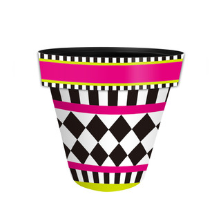 Small Neon Checkerboard Planter with black, white, pink, yellow, and black and white stripes.