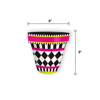 Neon Checkerboard Small Planter, 8" tall, 8" wide, black, white, pink, and yellow checkerboard design.