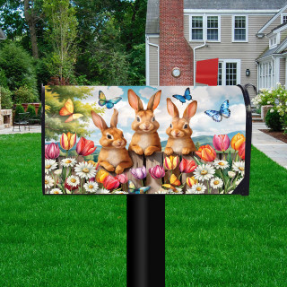 Bunny Greeting Oversized Mailbox Cover with colorful flowers, butterflies, and three brown bunnies design.