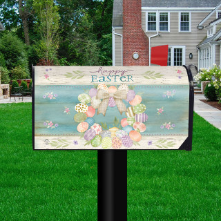 Pastel Easter Wreath Mailbox Cover with colorful eggs and flowers on a wooden background design.