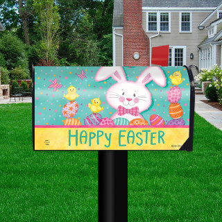 Easter Time Mailbox Cover with colorful bunny, chicks, eggs, and Happy Easter text on green background.