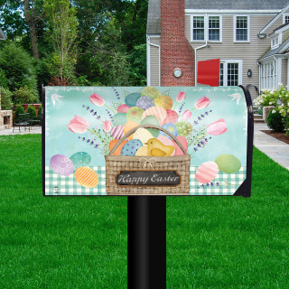 Colorful Easter Basket Mailbox Cover with eggs, tulips, and Happy Easter text on green background.