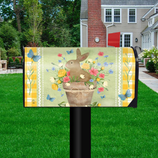 Flowerpot Bunny Mailbox Cover with colorful flowers, butterflies, and a brown bunny on a green background.