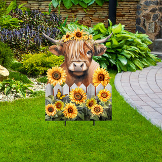 Highland Cow Metal Art garden sign with sunflowers and floral crown, brown cow, standing on lawn.