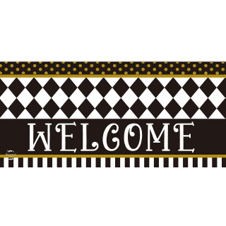 Black and white Checkerboard Mini Mat with gold accents and "WELCOME" text on white background.