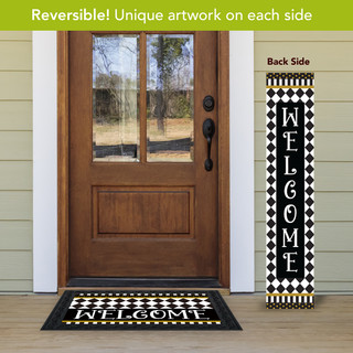 Checkerboard Pine Reversible Porch Leaner, black and white, welcome sign, reversible leaner with unique artwork.