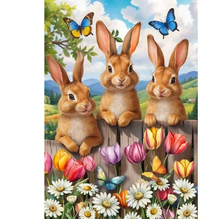 Three brown bunnies on a fence with colorful flowers and butterflies, Bunny Greeting Garden Flag design.