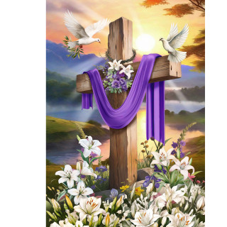 Easter Sunrise Cross Garden Flag with purple cloth, flowers, and white doves on wooden cross.