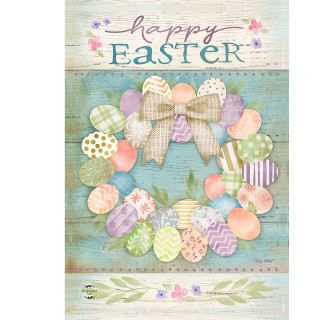 Pastel Easter Wreath Garden Flag with colorful eggs, bow, and happy Easter text on wood background.